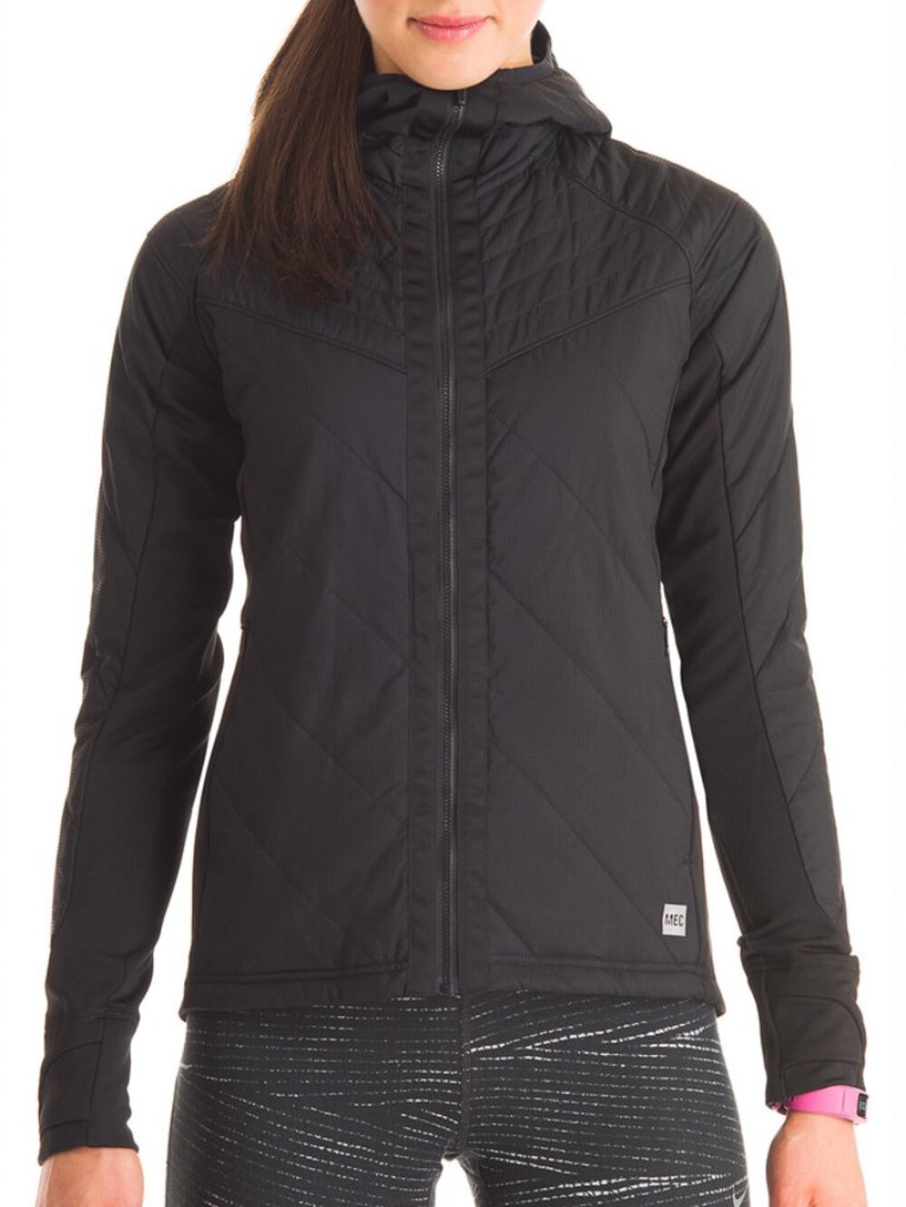 MEC Waxwing Primaloft Insulated Hooded Hybrid Jacket Black Med Quilted Outdoor